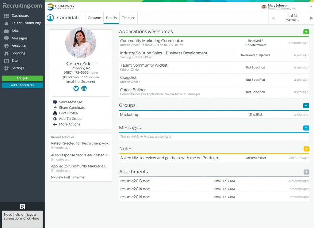 CRM Candidate Details - Attachments, Recruiter Notes, Messages, and Applications